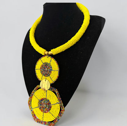 Yellow Maasai-Style Double Disc African Beaded Necklace