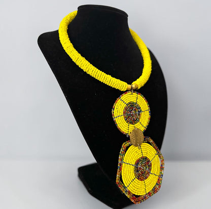 Yellow Maasai-Style Double Disc African Beaded Necklace