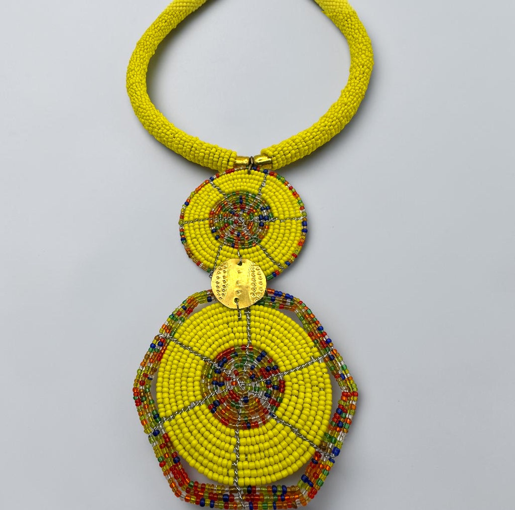 Yellow Maasai-Style Double Disc African Beaded Necklace
