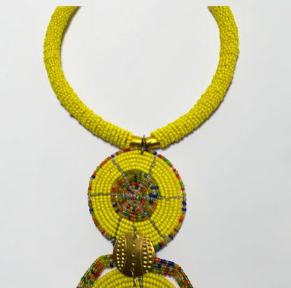 Yellow Maasai-Style Double Disc African Beaded Necklace