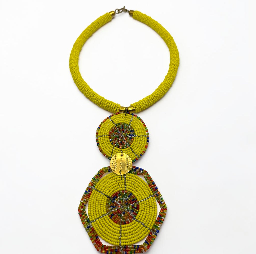Yellow Maasai-Style Double Disc African Beaded Necklace Fatisha Boutique