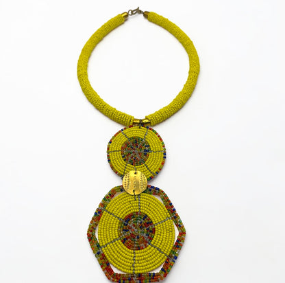 Yellow Maasai-Style Double Disc African Beaded Necklace