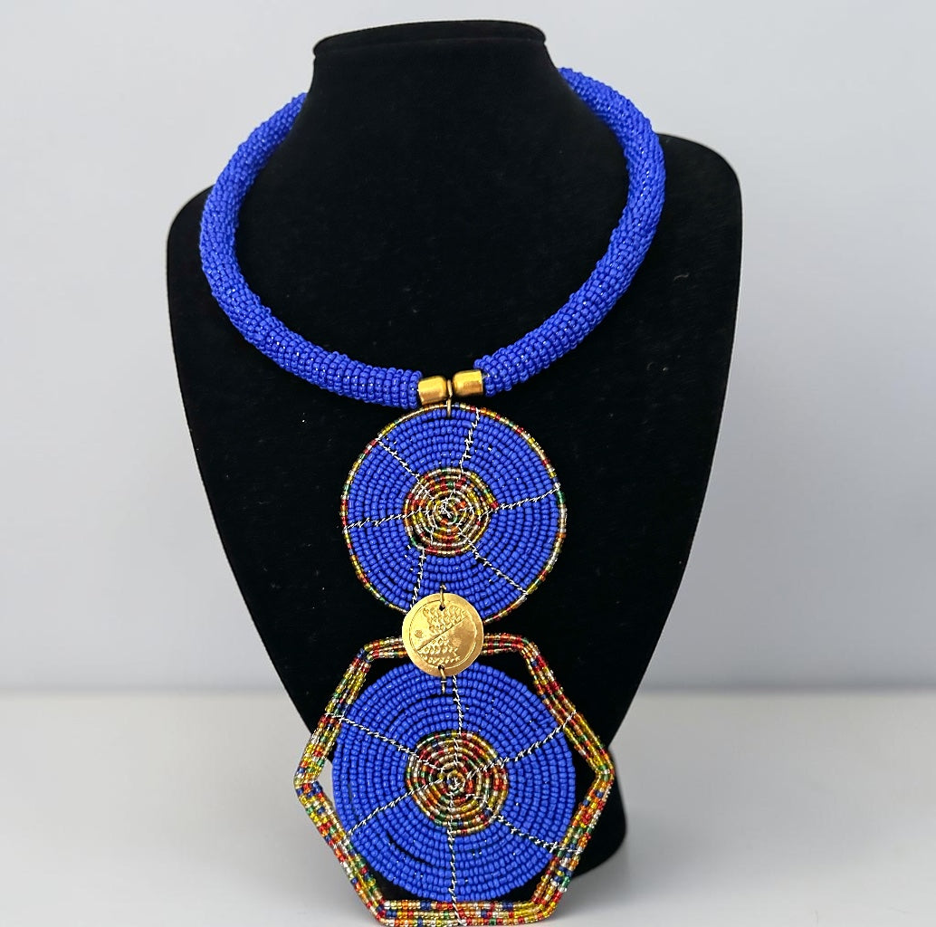 Royal Blue Maasai-Style Double Disc African Beaded Necklace Fatisha Boutique