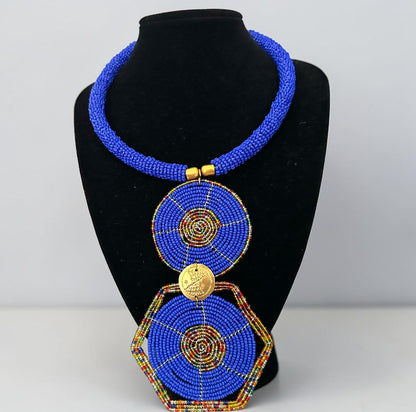 Royal Blue Maasai-Style Double Disc African Beaded Necklace