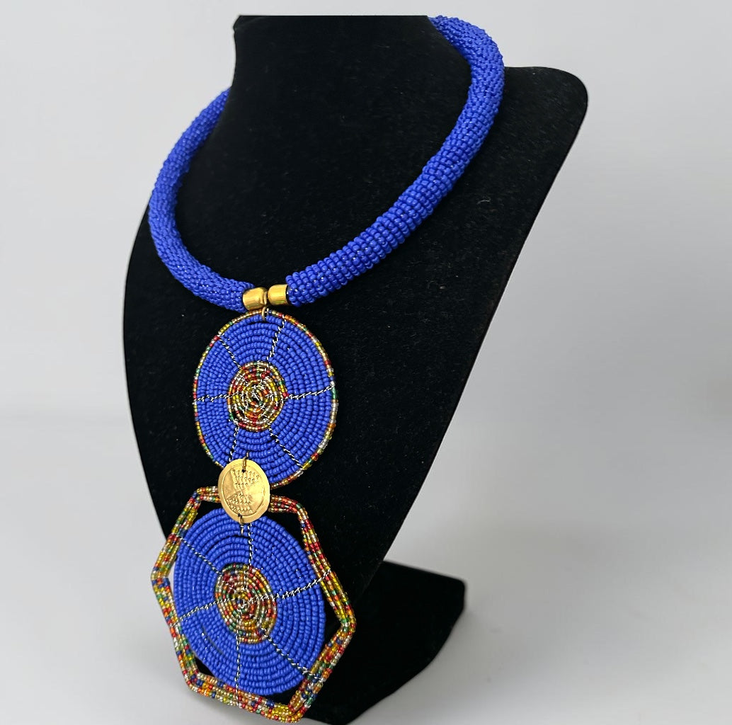 Royal Blue Maasai-Style Double Disc African Beaded Necklace Fatisha Boutique