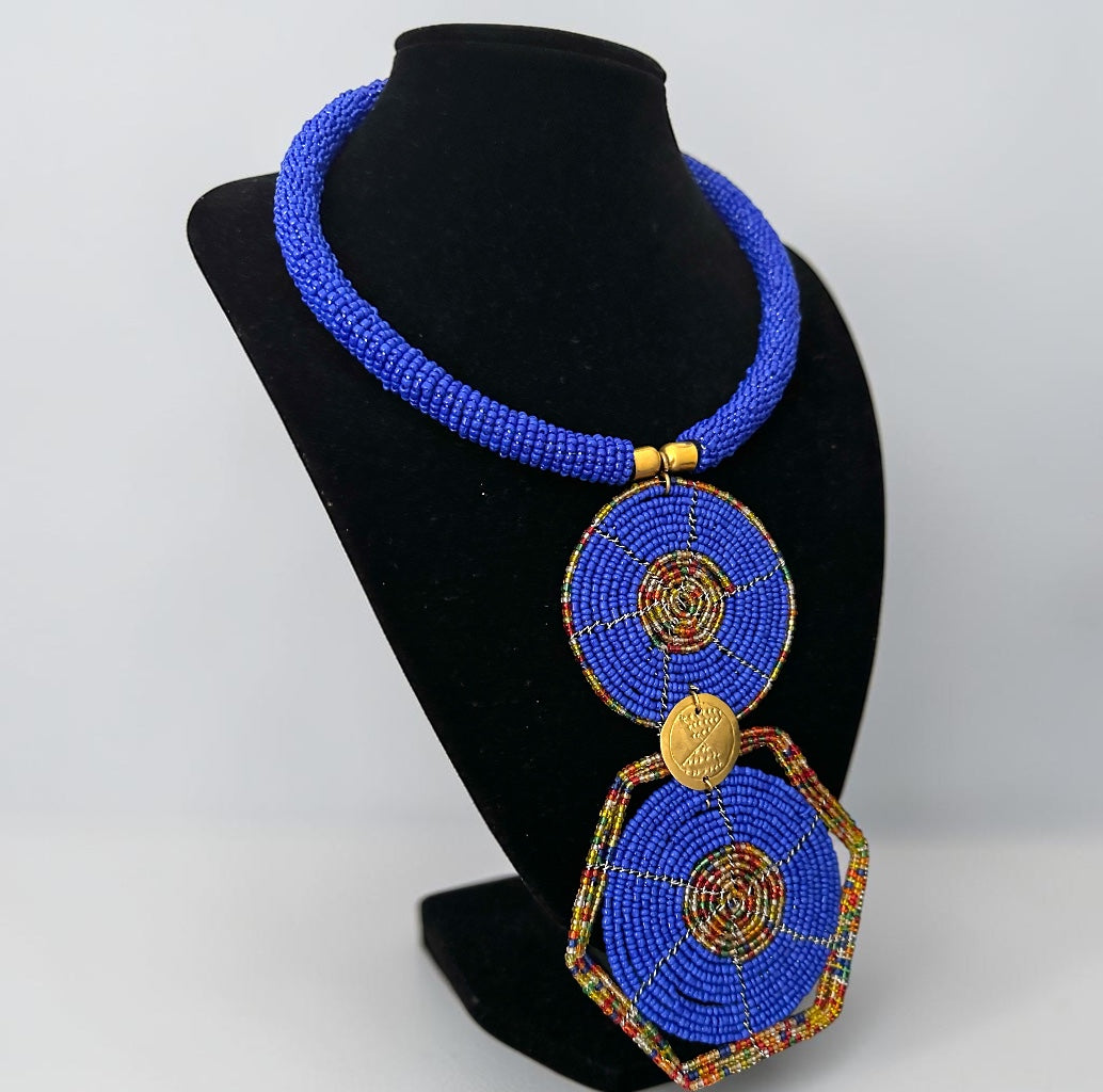 Royal Blue Maasai-Style Double Disc African Beaded Necklace
