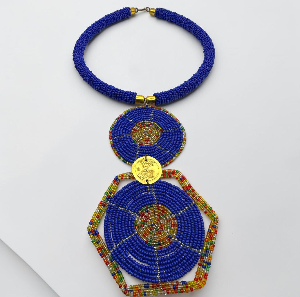 Royal Blue Maasai-Style Double Disc African Beaded Necklace Fatisha Boutique