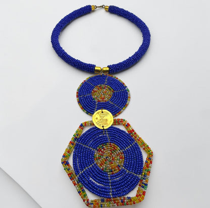 Royal Blue Maasai-Style Double Disc African Beaded Necklace
