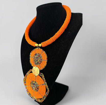 Orange Maasai-Style Double Disc African Beaded Pendant Necklace