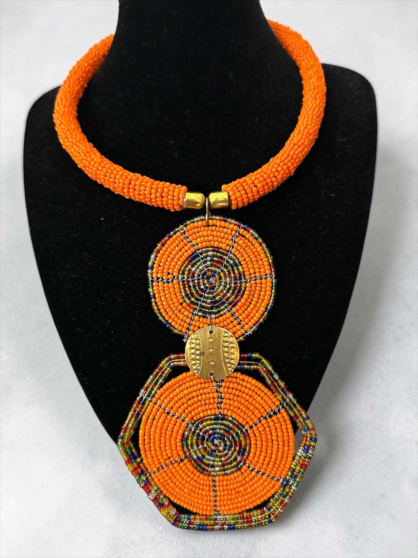 Orange Maasai-Style Double Disc African Beaded Pendant Necklace Fatisha Boutique