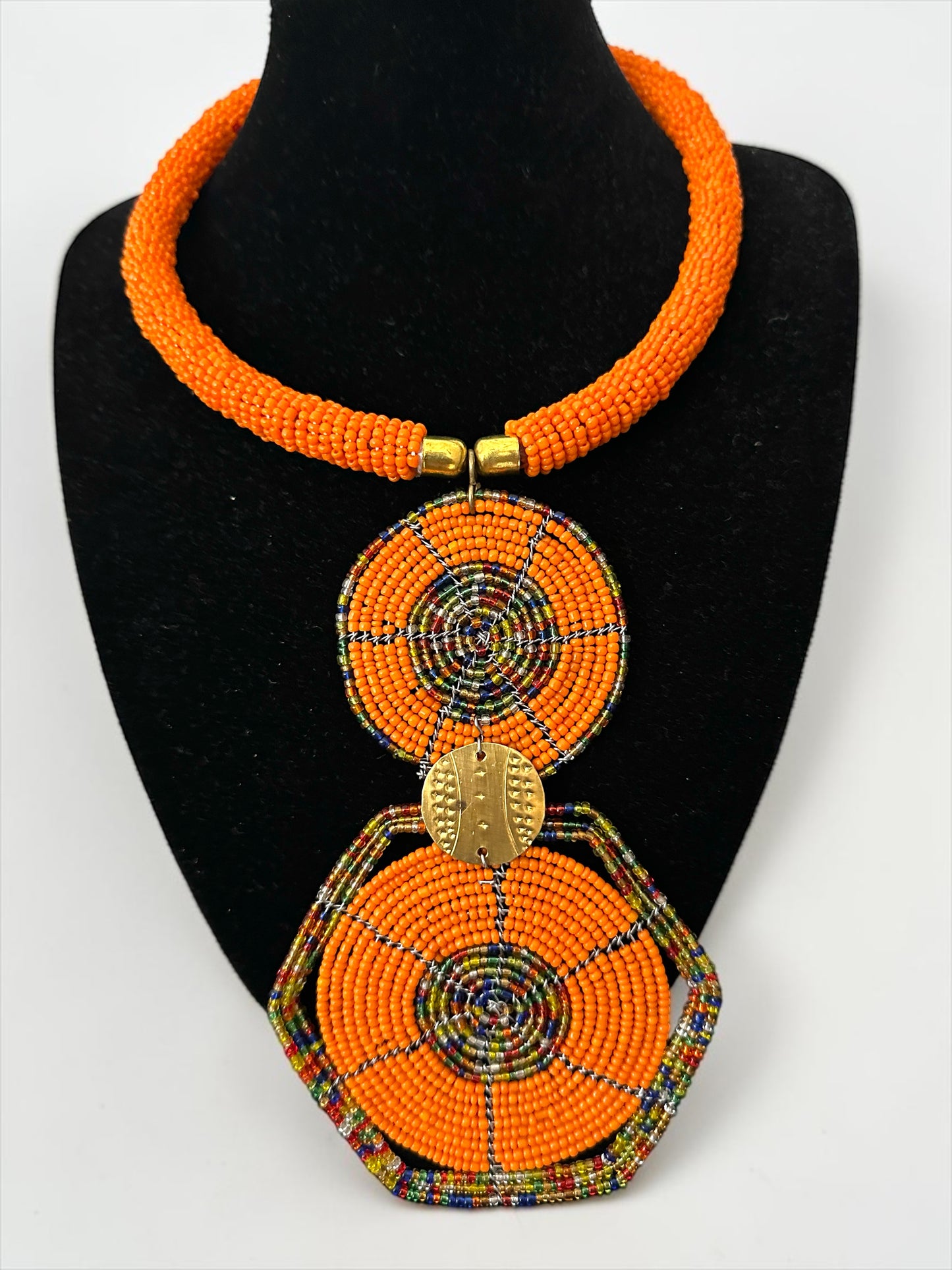 Orange Maasai-Style Double Disc African Beaded Pendant Necklace Fatisha Boutique