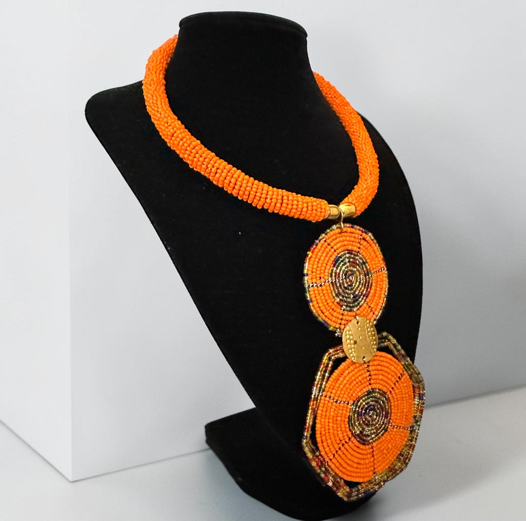 Orange Maasai-Style Double Disc African Beaded Pendant Necklace