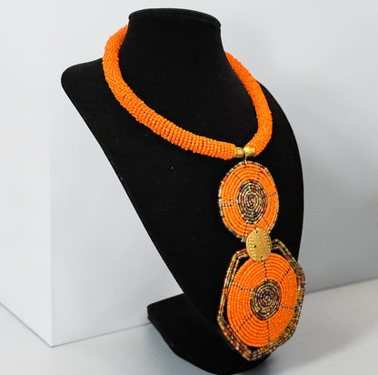 Orange Maasai-Style Double Disc African Beaded Pendant Necklace