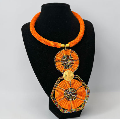 Orange Maasai-Style Double Disc African Beaded Pendant Necklace