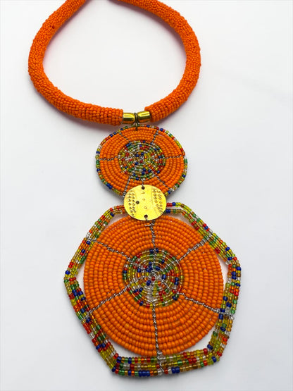 Orange Maasai-Style Double Disc African Beaded Pendant Necklace
