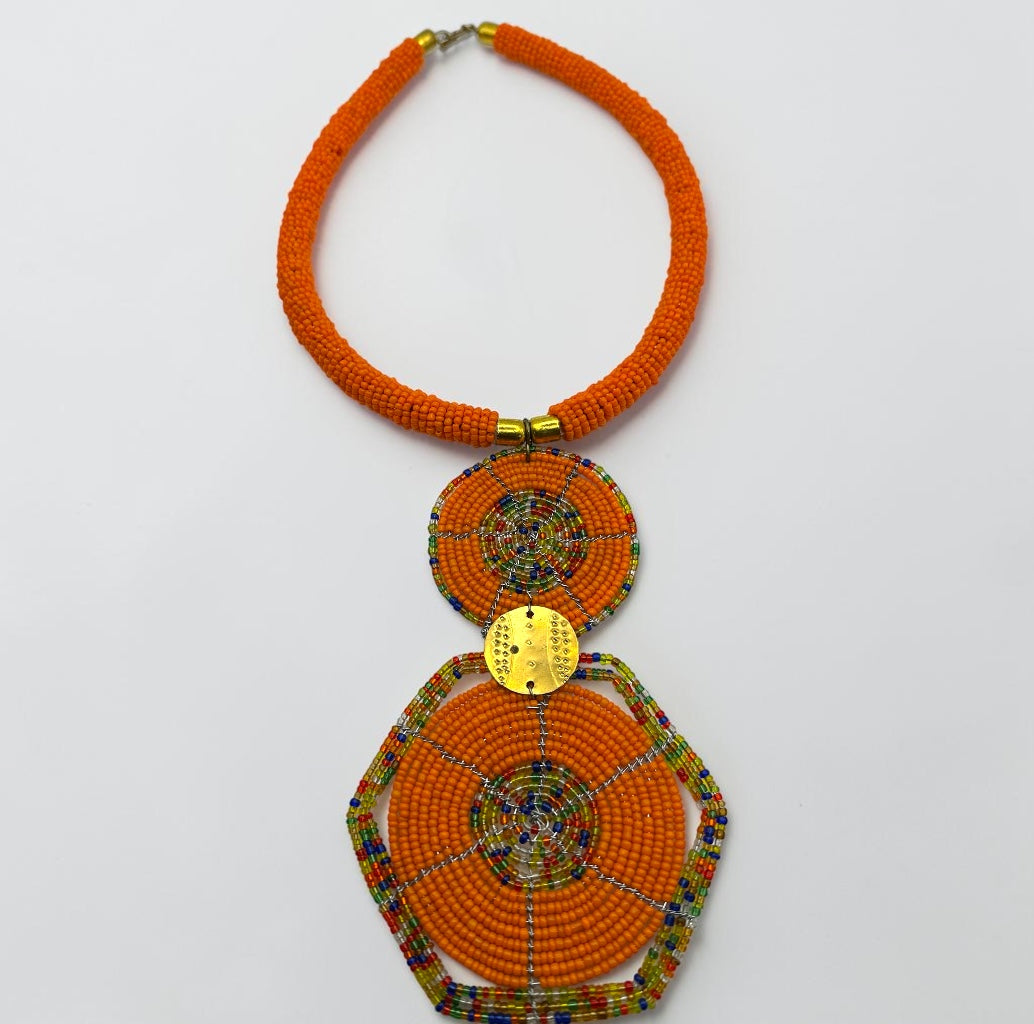 Orange Maasai-Style Double Disc African Beaded Pendant Necklace