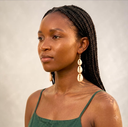 Cowrie Shell Drop Earrings, Long Boho African Jewellery