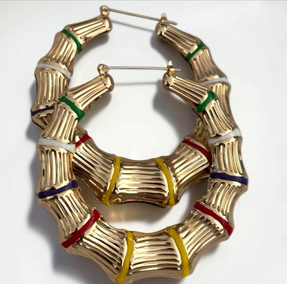 Chunky Bamboo Hoop Earrings, Gold Retro Statement Earrings