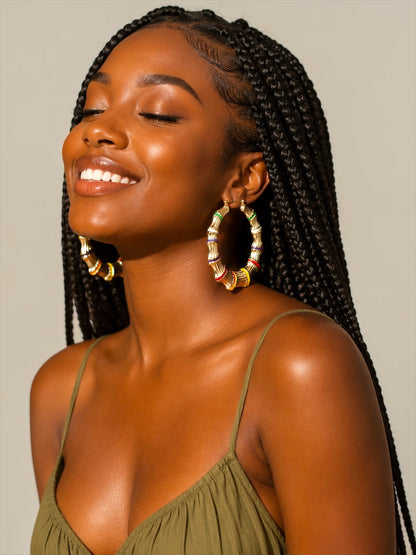 Chunky Bamboo Hoop Earrings, Gold Retro Statement Earrings