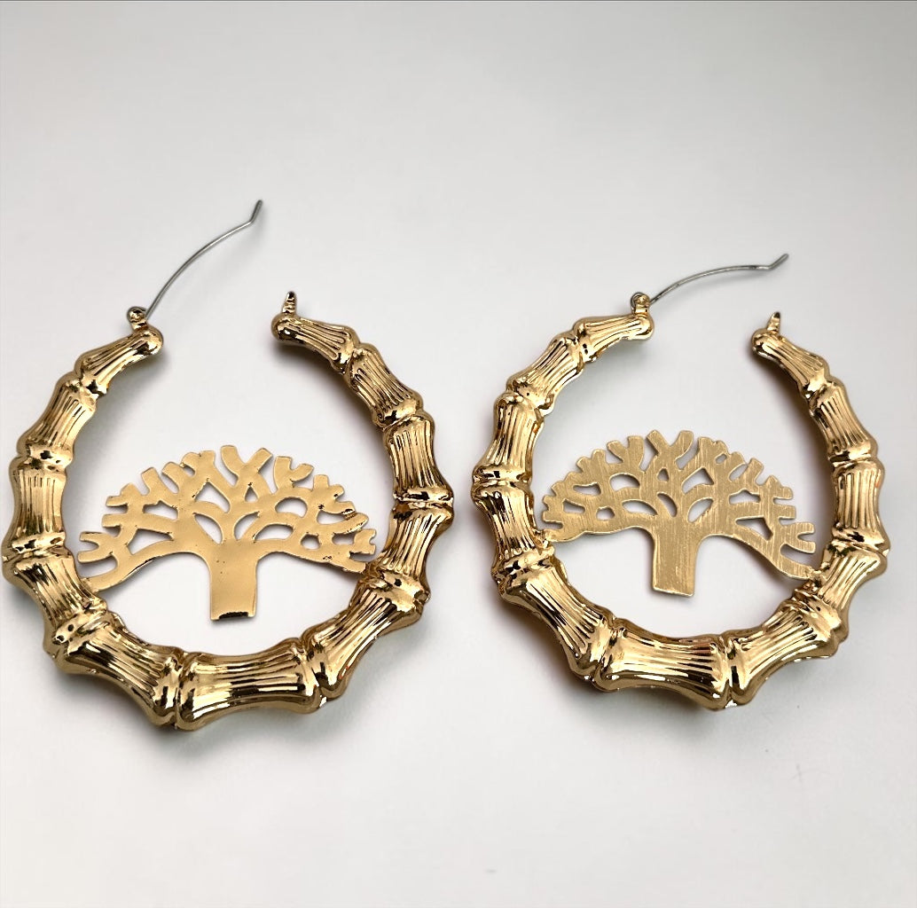 Tree of Life Bamboo Hoop Earrings, Gold Statement Hoops