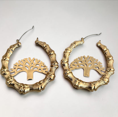 Tree of Life Bamboo Hoop Earrings, Gold Statement Hoops