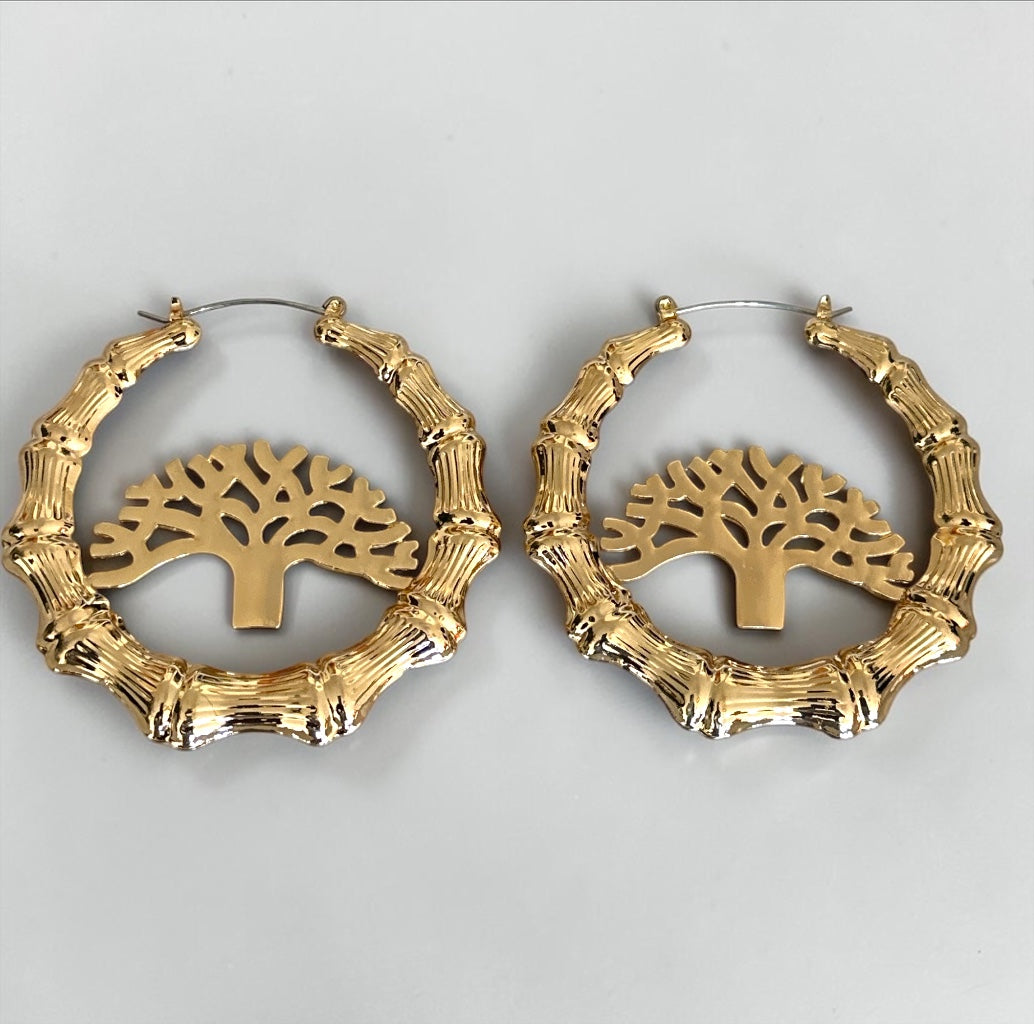 Tree of Life Bamboo Hoop Earrings, Gold Statement Hoops Fatisha Boutique
