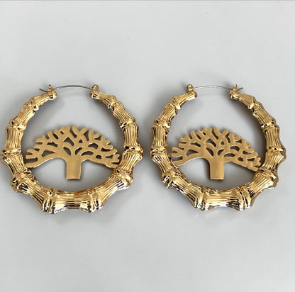 Tree of Life Bamboo Hoop Earrings, Gold Statement Hoops