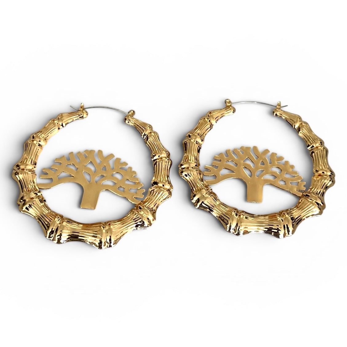Tree of Life Bamboo Hoop Earrings, Gold Statement Hoops Fatisha Boutique