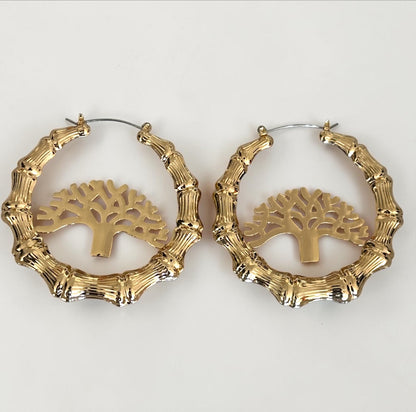 Tree of Life Bamboo Hoop Earrings, Gold Statement Hoops