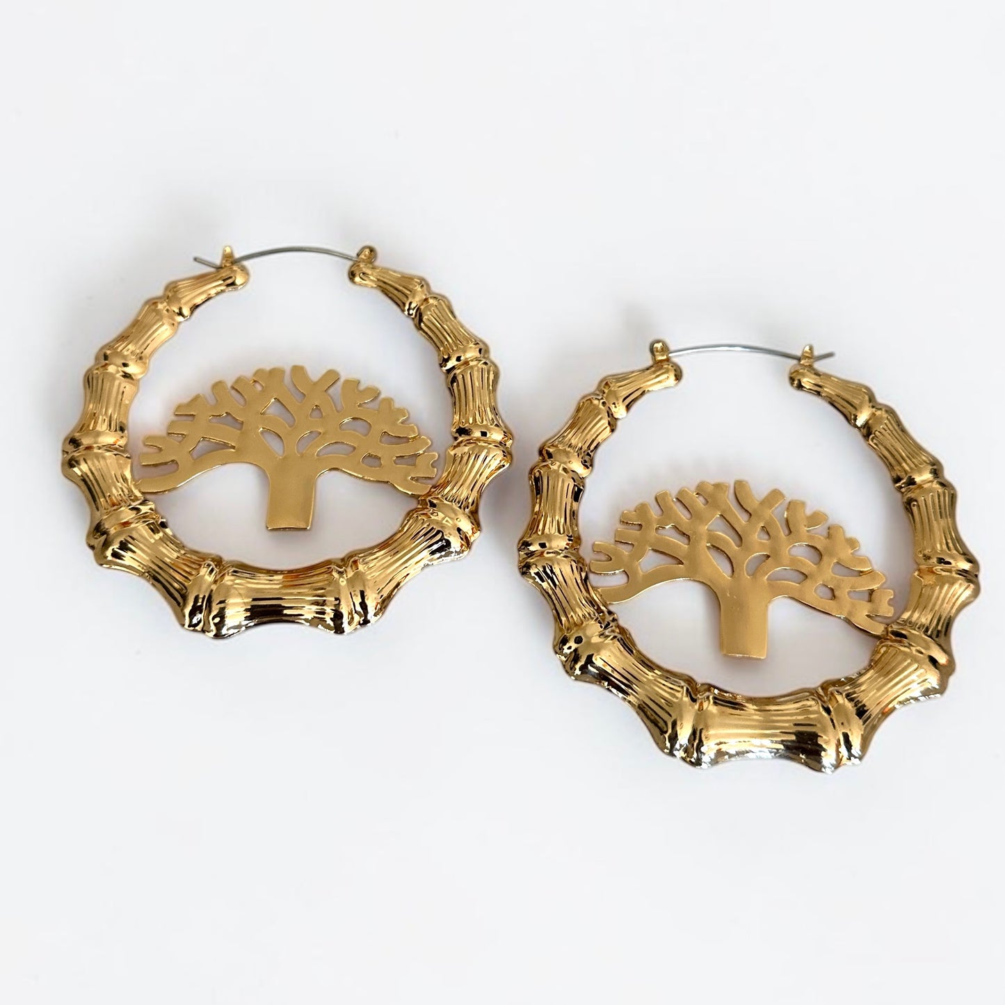 Tree of Life Bamboo Hoop Earrings, Gold Statement Hoops Fatisha Boutique