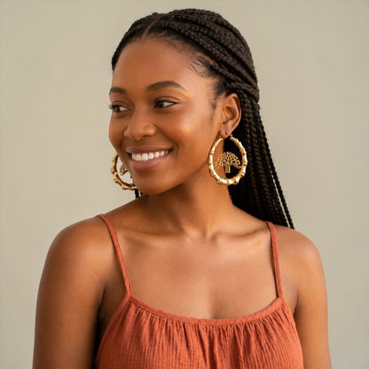 Tree of Life Bamboo Hoop Earrings, Gold Statement Hoops