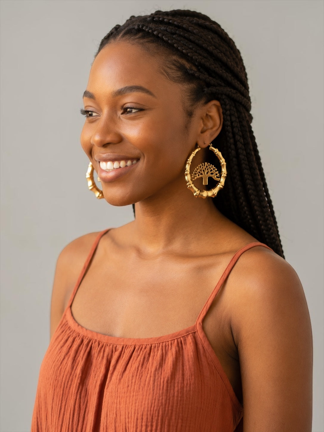 Tree of Life Bamboo Hoop Earrings, Gold Statement Hoops Fatisha Boutique