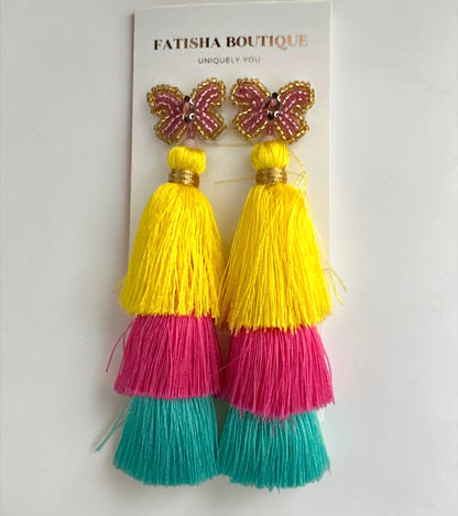 Boho Colour Block Long Tassel Statement Earrings – Yellow, Pink & Blue