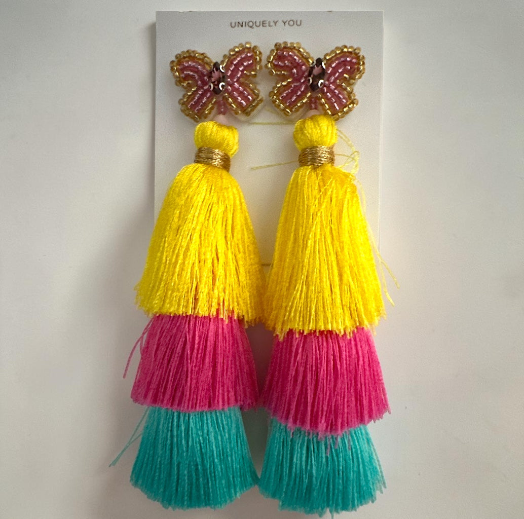 Boho Colour Block Long Tassel Statement Earrings – Yellow, Pink & Blue Fatisha Boutique