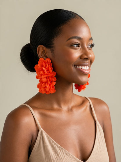 Orange Bohemian Flower Statement Drop Earrings