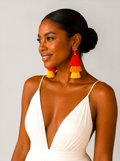 Orange Ombre Bohemian Long Tassel Statement Earrings