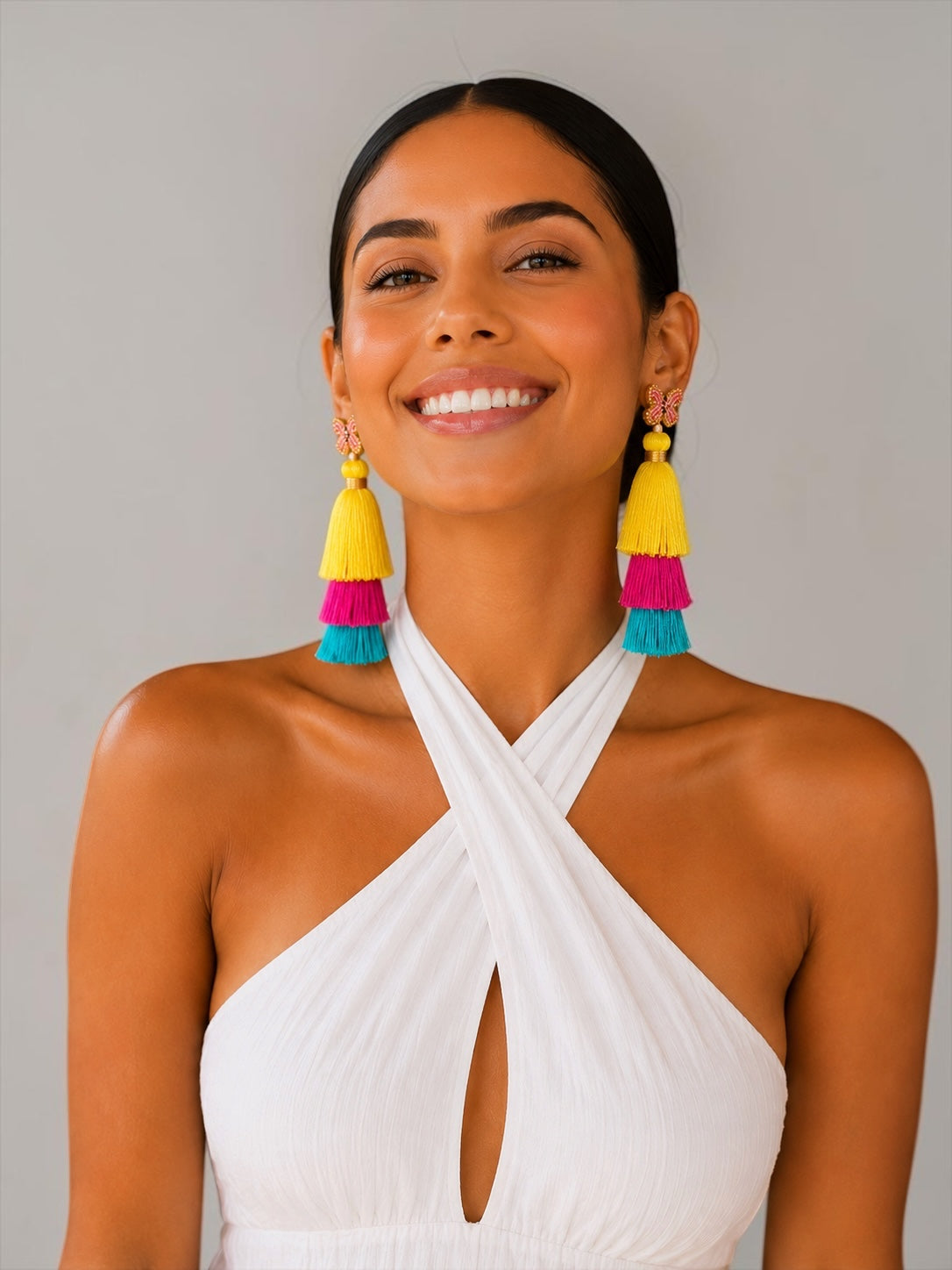 Boho Colour Block Long Tassel Statement Earrings – Yellow, Pink & Blue Fatisha Boutique