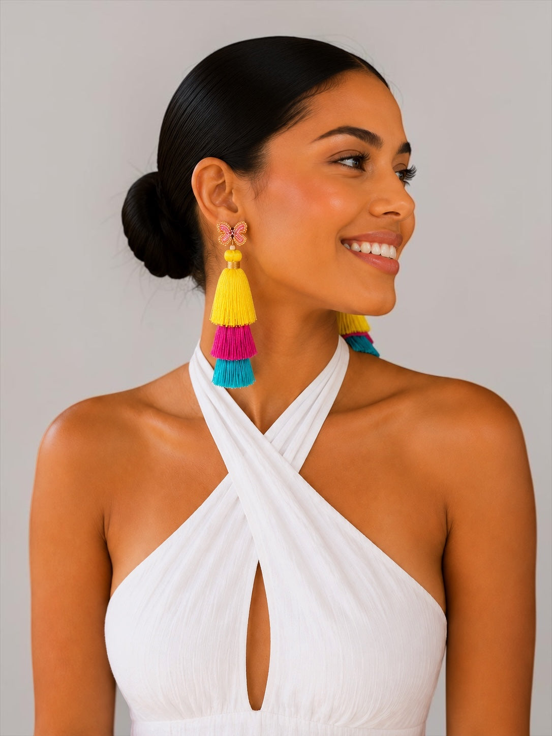 Boho Colour Block Long Tassel Statement Earrings – Yellow, Pink & Blue Fatisha Boutique