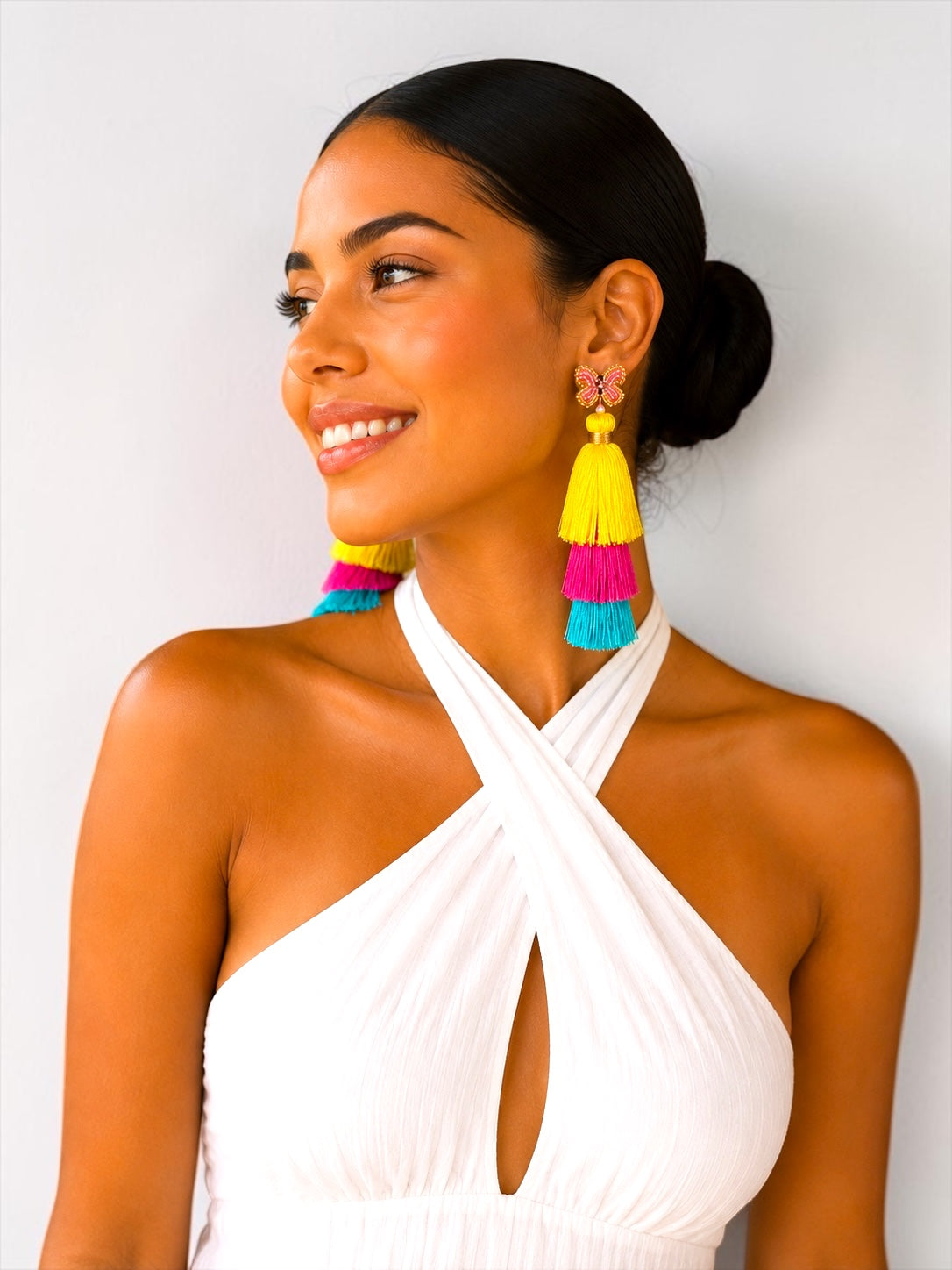 Boho Colour Block Long Tassel Statement Earrings – Yellow, Pink & Blue Fatisha Boutique