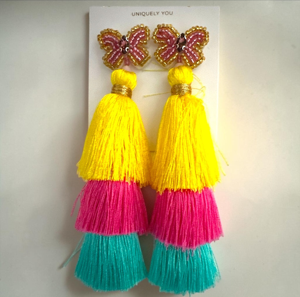 Boho Colour Block Long Tassel Statement Earrings – Yellow, Pink & Blue Fatisha Boutique