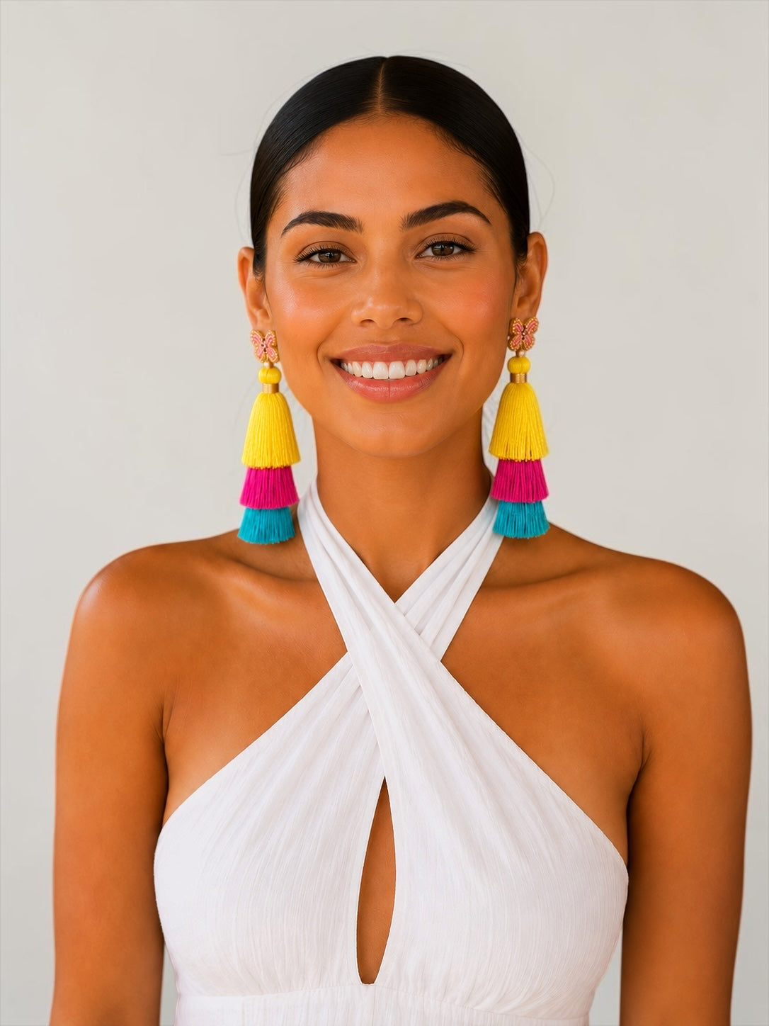 Boho Colour Block Long Tassel Statement Earrings – Yellow, Pink & Blue Fatisha Boutique