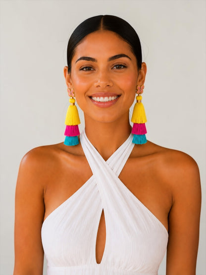Boho Colour Block Long Tassel Statement Earrings – Yellow, Pink & Blue