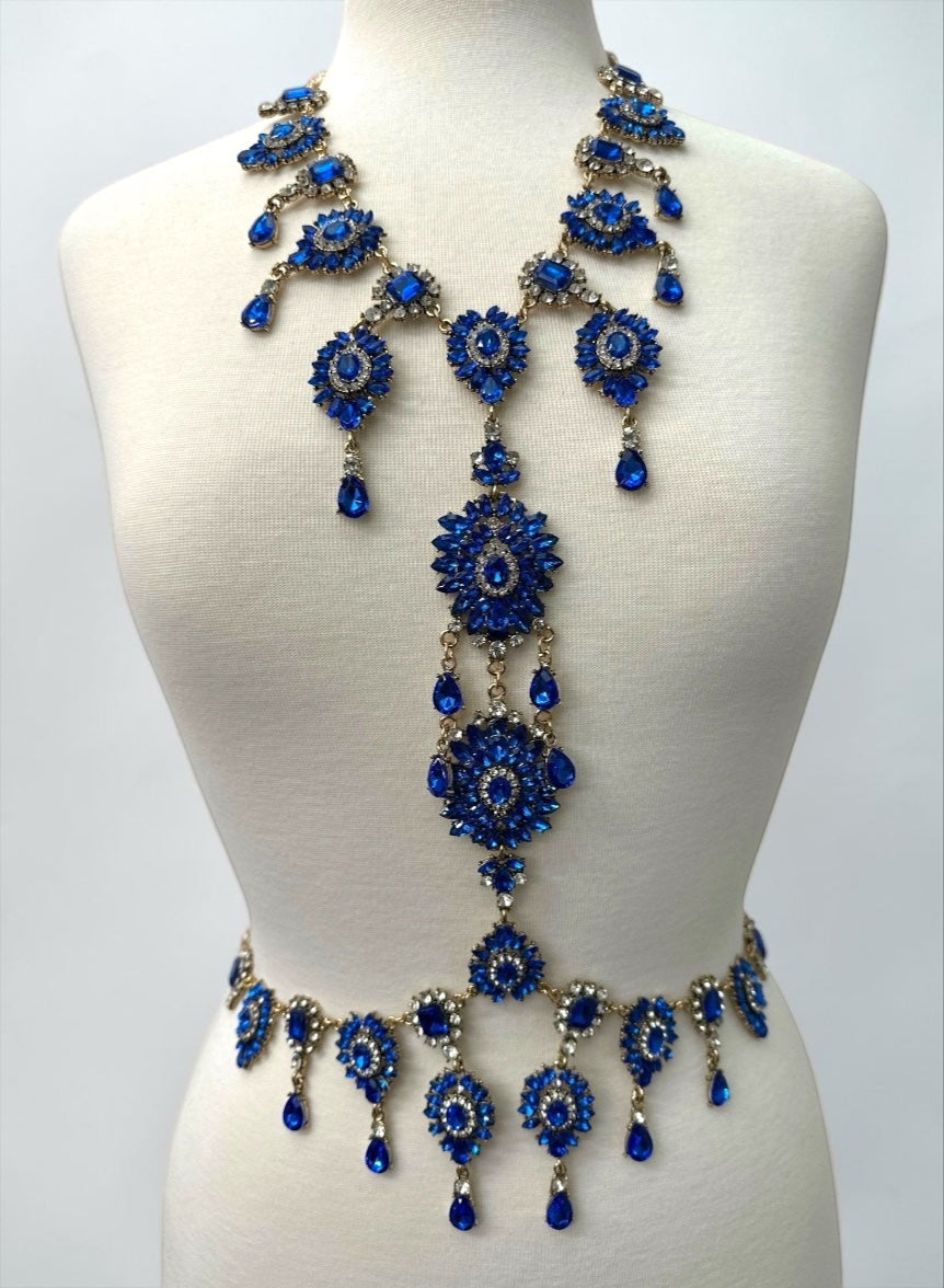 Luxury Sapphire Blue Crystal Body Chain – Statement Rhinestone Body Jewellery Fatisha Boutique