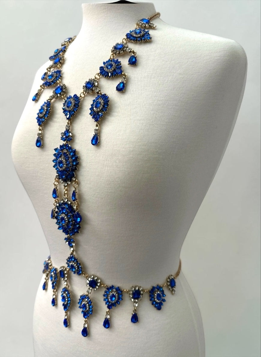 Luxury Sapphire Blue Crystal Body Chain – Statement Rhinestone Body Jewellery Fatisha Boutique