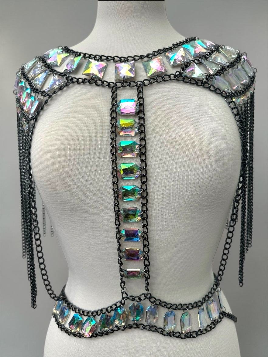 Luxury AB Crystal Shoulder Body Chain – Black Rhinestone Tassel Body Jewellery