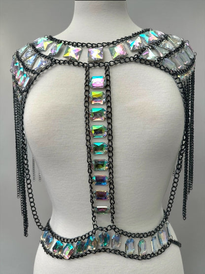 Luxury AB Crystal Shoulder Body Chain – Black Rhinestone Tassel Body Jewellery