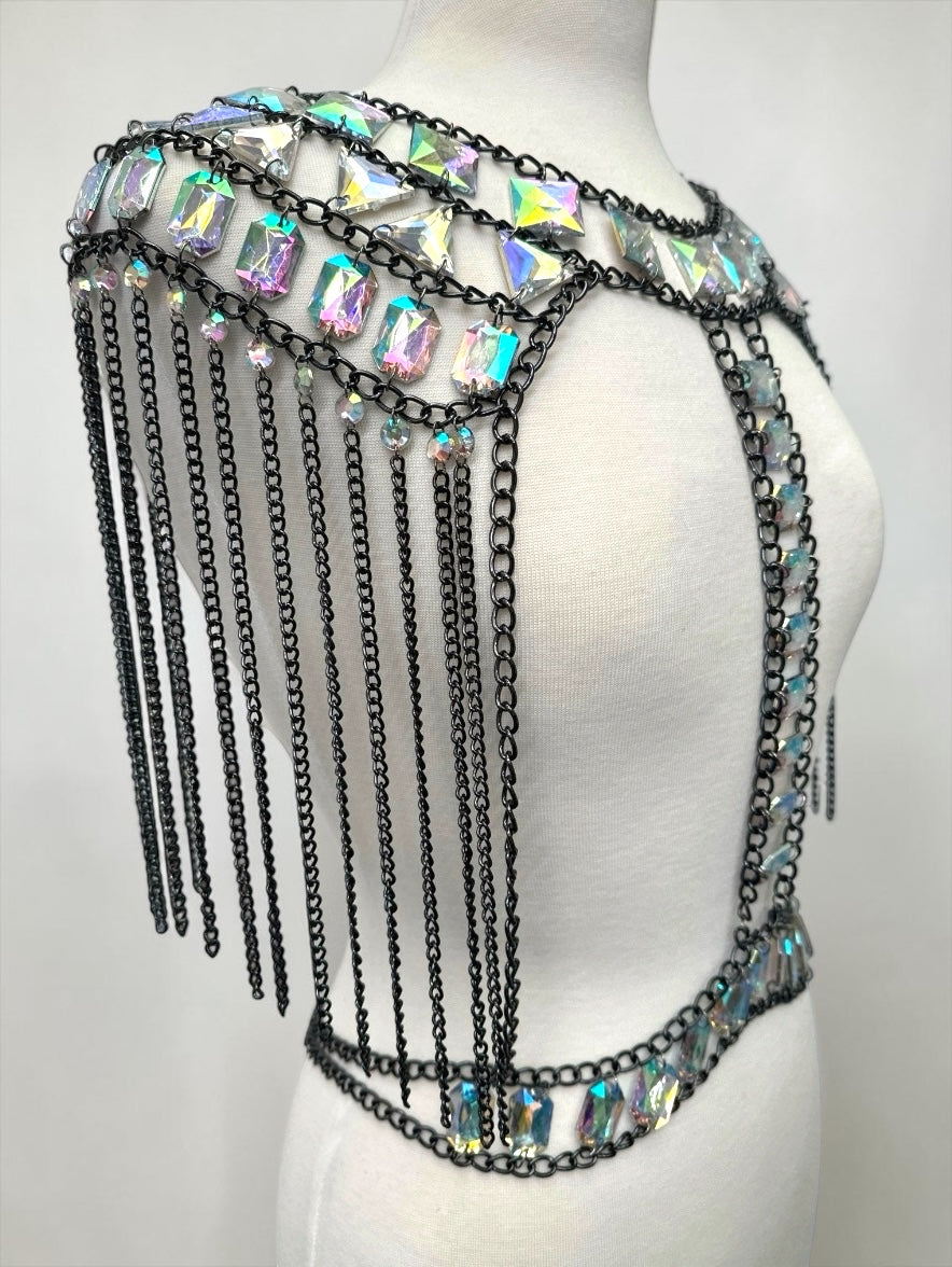 Luxury AB Crystal Shoulder Body Chain – Black Rhinestone Tassel Body Jewellery Fatisha Boutique