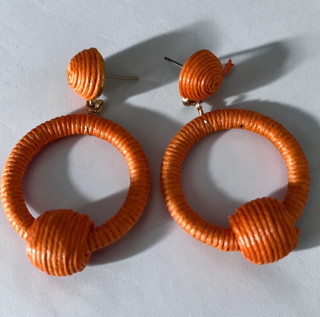 Orange Woven Rope Hoop Drop Earrings – Boho Statement Jewellery