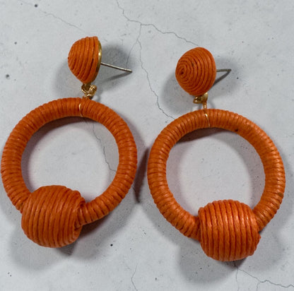 Orange Woven Rope Hoop Drop Earrings – Boho Statement Jewellery