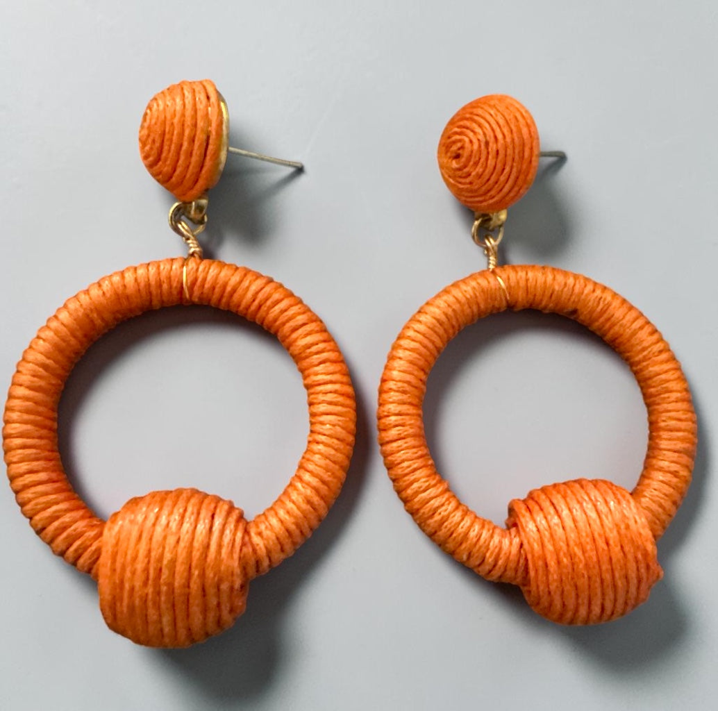 Orange Woven Rope Hoop Drop Earrings – Boho Statement Jewellery